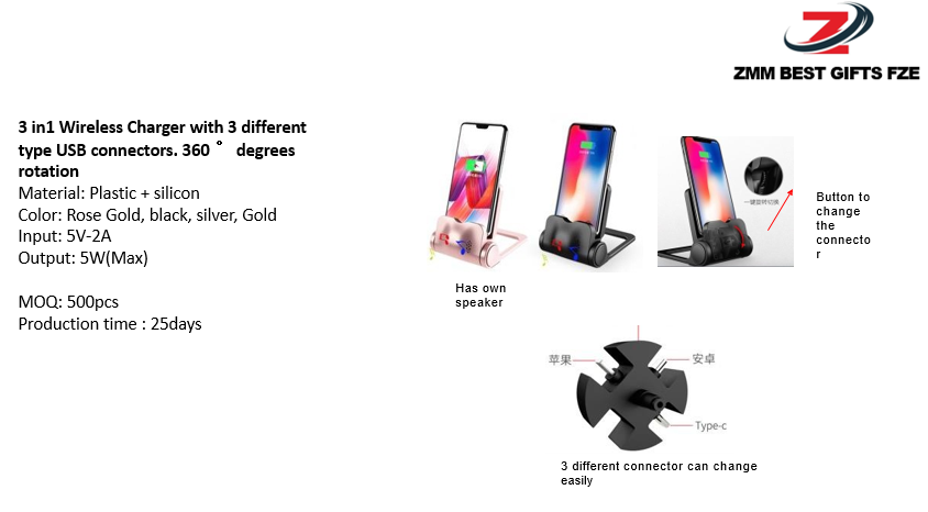 3 in 1 Wireless Charger with 3 different type USB Connectors. 360 Degree Rotation