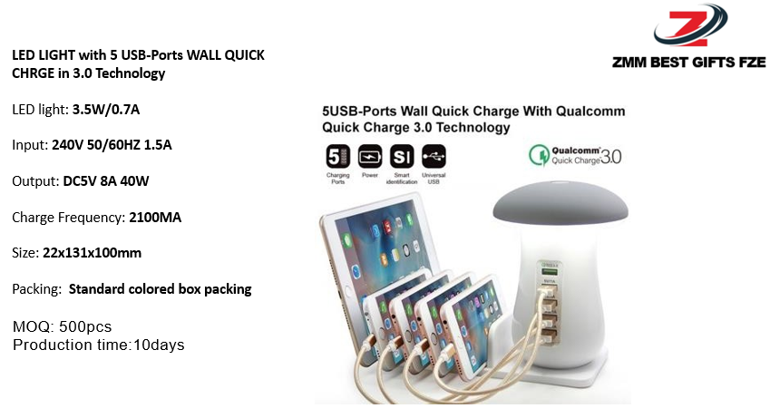 LED light with 5 USB-Ports Wall Quick Charge in 3.0 Technology