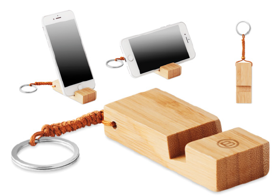 Key Ring with Smartphone Stand in Bamboo Material