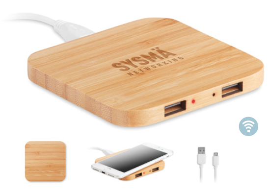 Wireless Charging Pad with 2 USB Port 2.0 Hubs in Bamboo