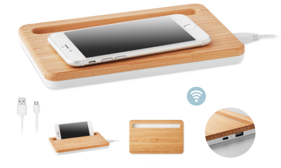 Wireless Charger with Bamboo top, USB hub and smartphone stand/holder