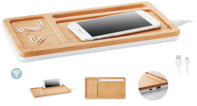 Wireless Charger Storage Box w/Bamboo top, USB Hub & Smartphone Stand/Holder