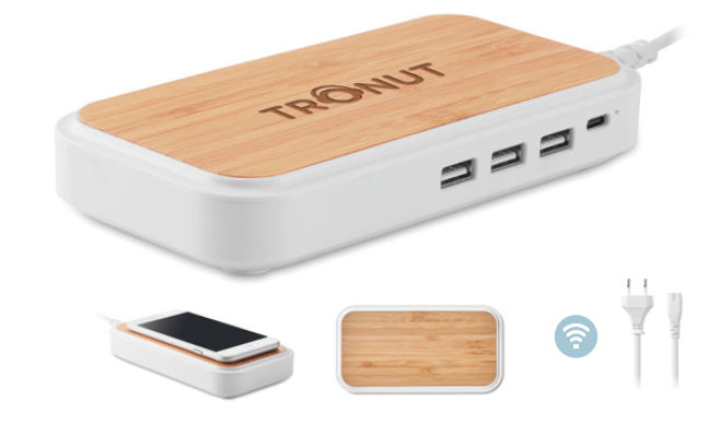 Wireless Charger with 4 port USB Hub in Bamboo and ABS