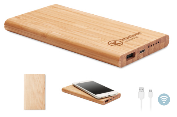 Wireless Charger & Power Bank w/6000 mAh in Bamboo Casing