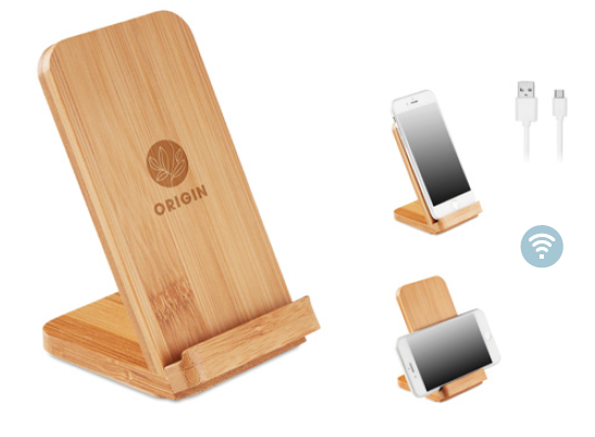 Double Coil Wireless Charger for 1 device in bamboo casing with stand functionality