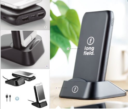 The Desk Wireless Charger & 10,000 mAh Power Bank in ABS Material